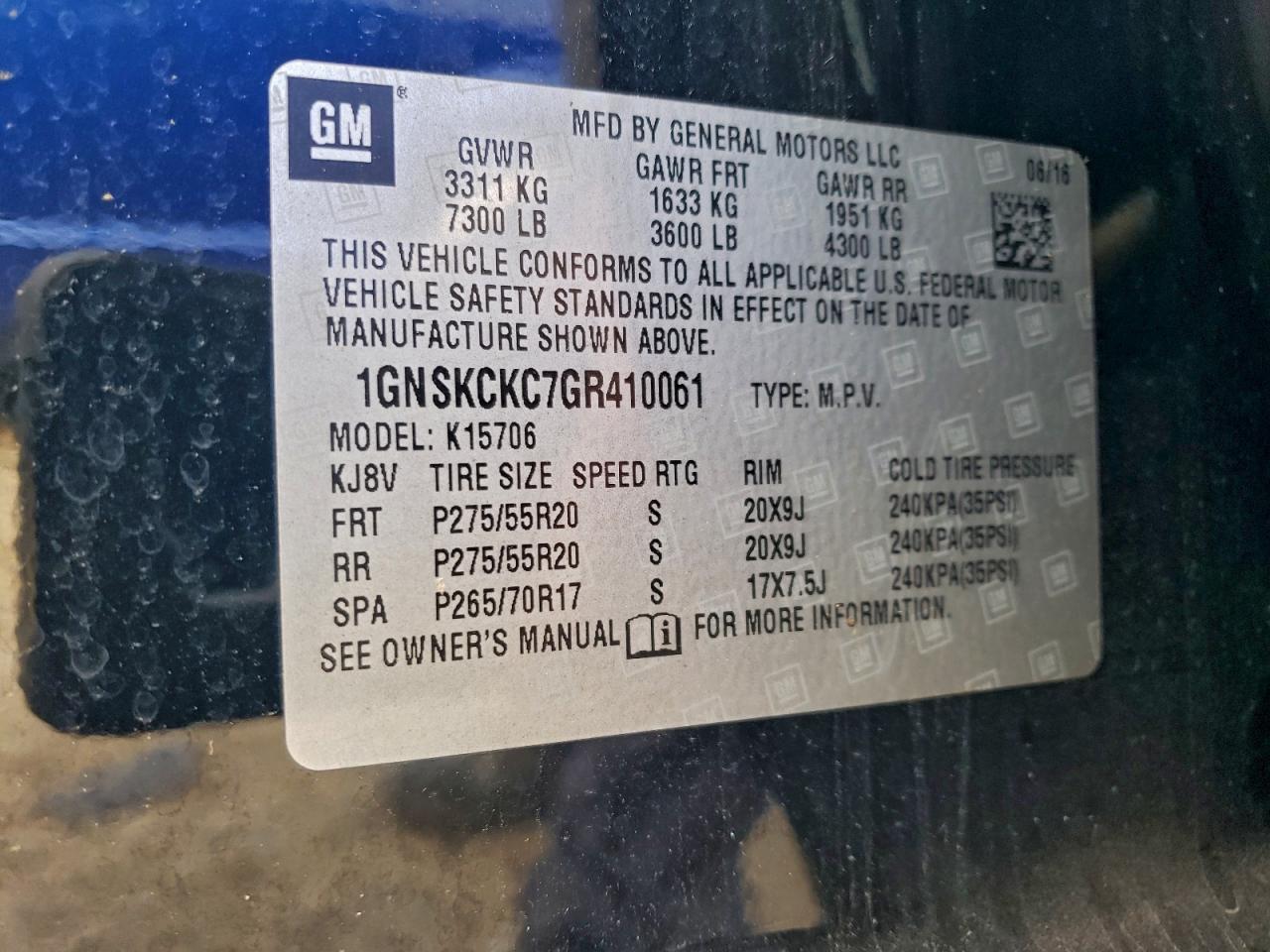 2016 Chevrolet Tahoe K1500 Ltz VIN: 1GNSKCKC7GR410061 Lot: 93712735