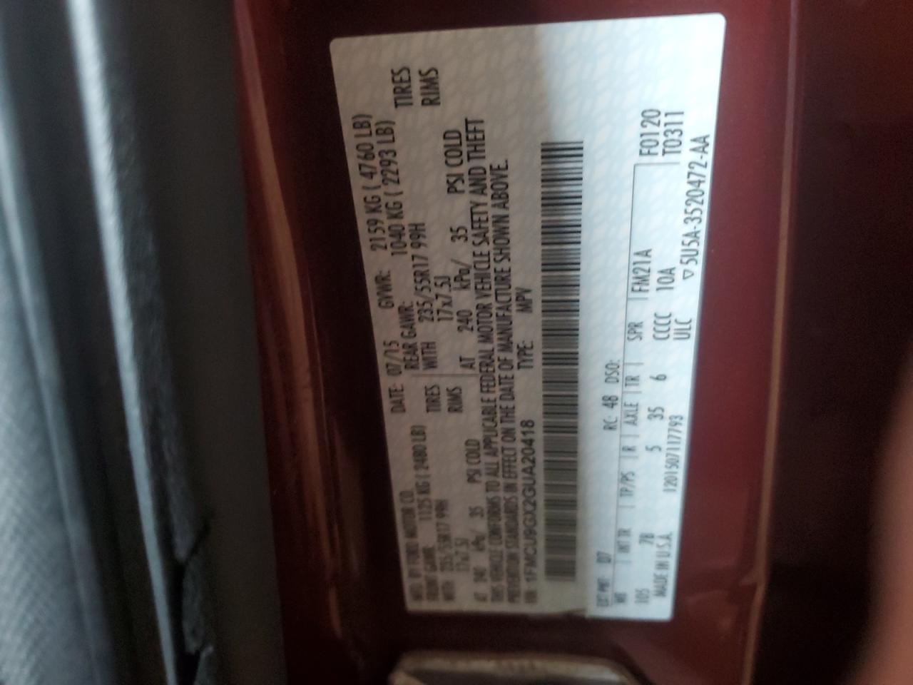 2016 Ford Escape Se VIN: 1FMCU9GX2GUA20418 Lot: 93142435