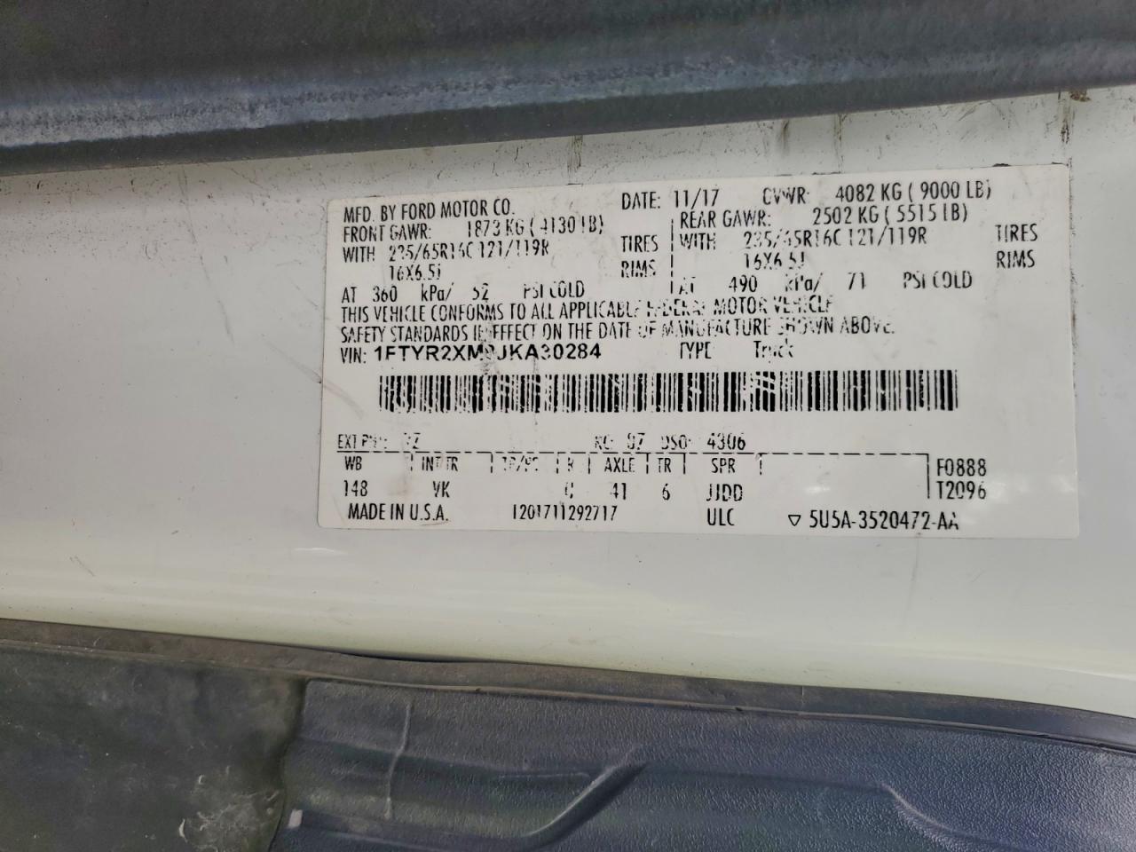 2018 Ford Transit Van VIN: 1FTYR2XM8JKA30284 Lot: 93930515