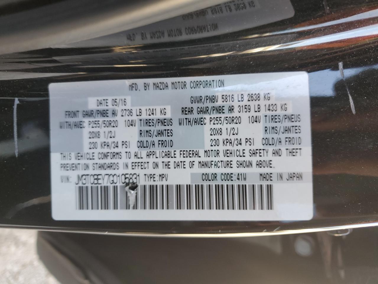 2016 Mazda Cx-9 Signature VIN: JM3TCBEY7G0105831 Lot: 91290135