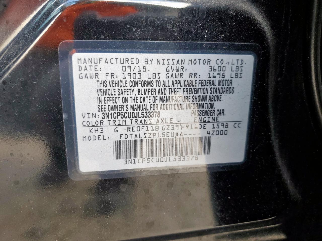 2018 Nissan Kicks S VIN: 3N1CP5CU0JL533378 Lot: 93826445