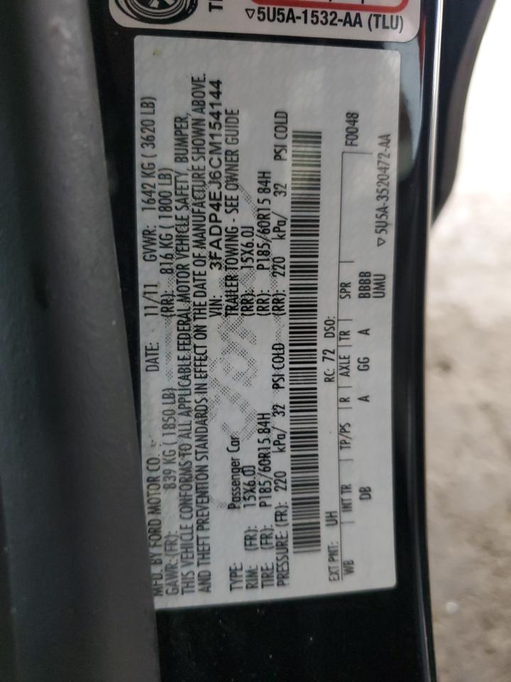 2012 Ford Fiesta Se VIN: 3FADP4EJ6CM154144 Lot: 93275705