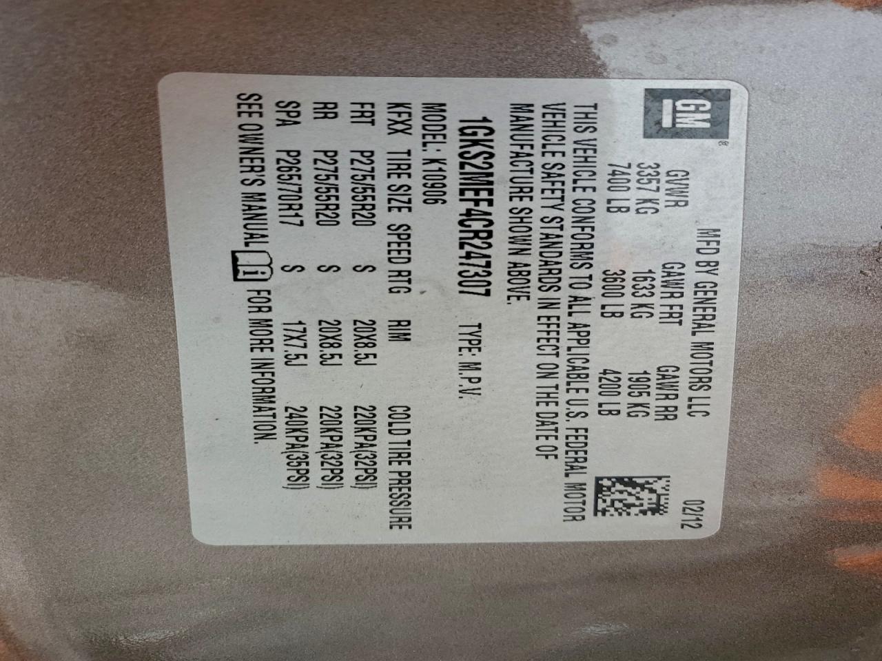 2012 GMC Yukon Xl Denali VIN: 1GKS2MEF4CR247307 Lot: 93435625