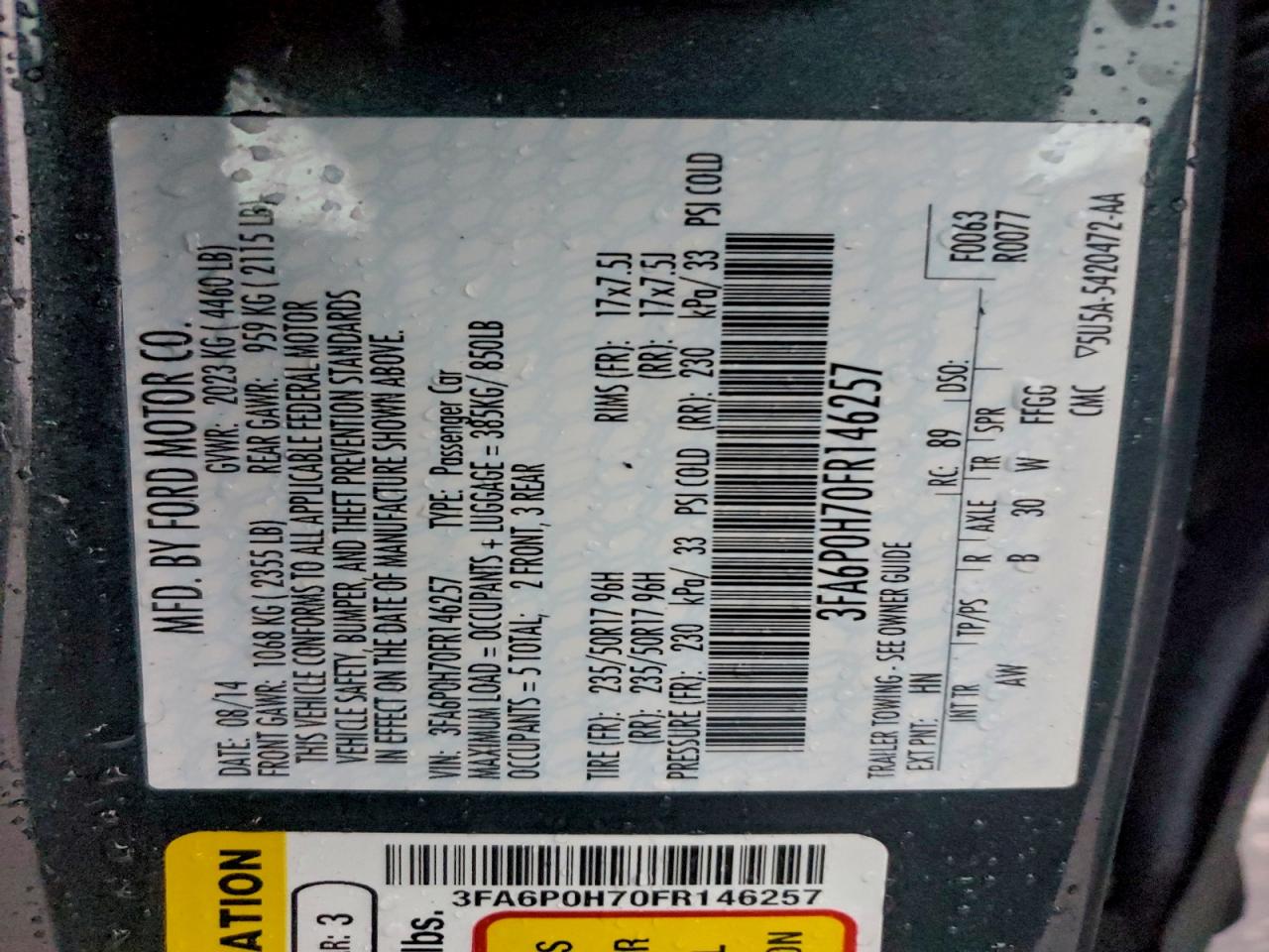 2015 Ford Fusion Se VIN: 3FA6P0H70FR146257 Lot: 93635085