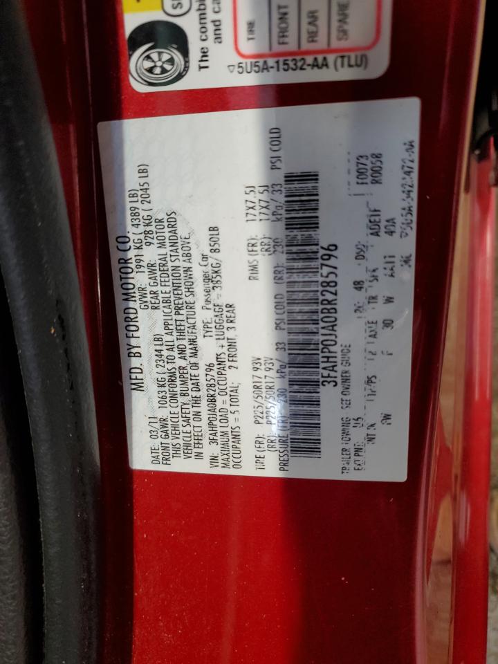 2011 Ford Fusion Sel VIN: 3FAHP0JA0BR285796 Lot: 92627425