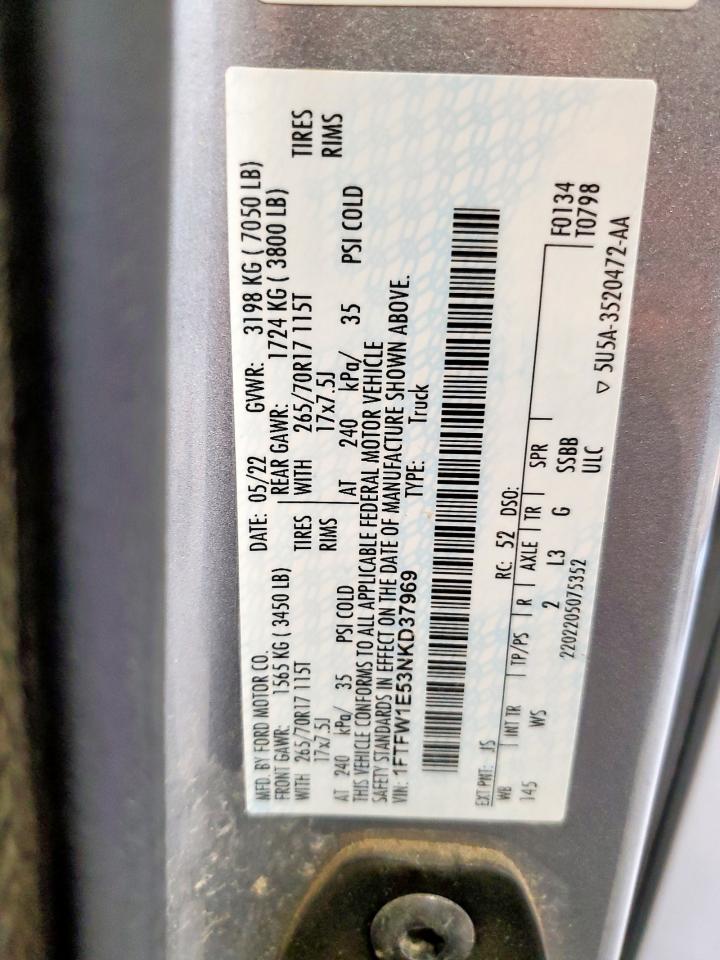 2022 Ford F150 Supercrew VIN: 1FTFW1E53NKD37969 Lot: 91262655