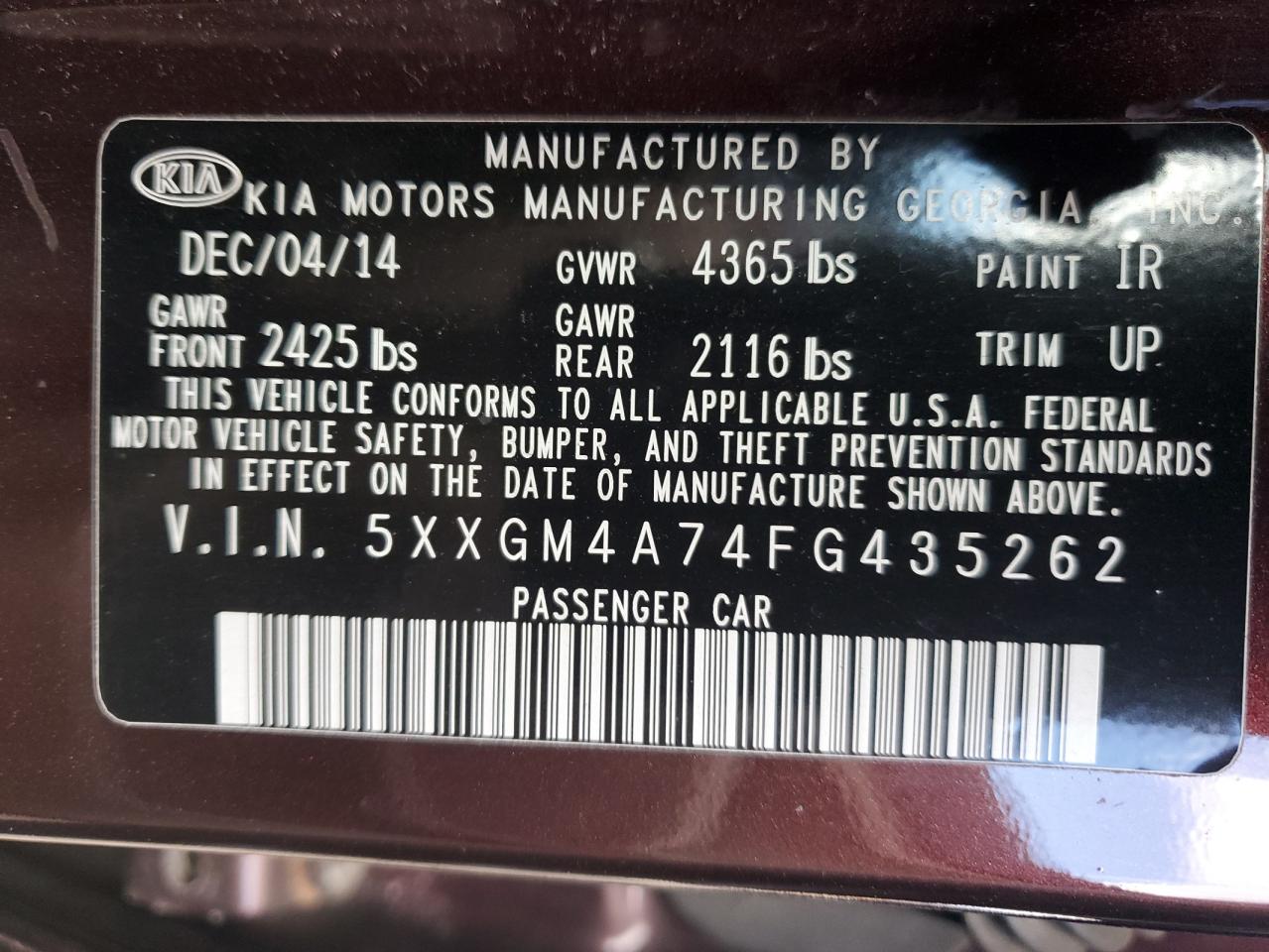 2015 Kia Optima Lx VIN: 5XXGM4A74FG435262 Lot: 91588825