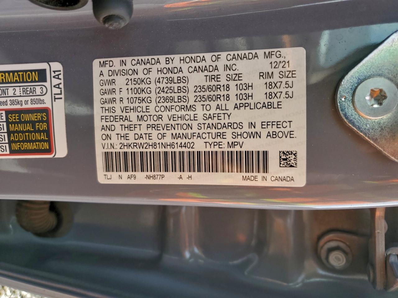 2022 Honda Cr-V Exl VIN: 2HKRW2H81NH614402 Lot: 92318255