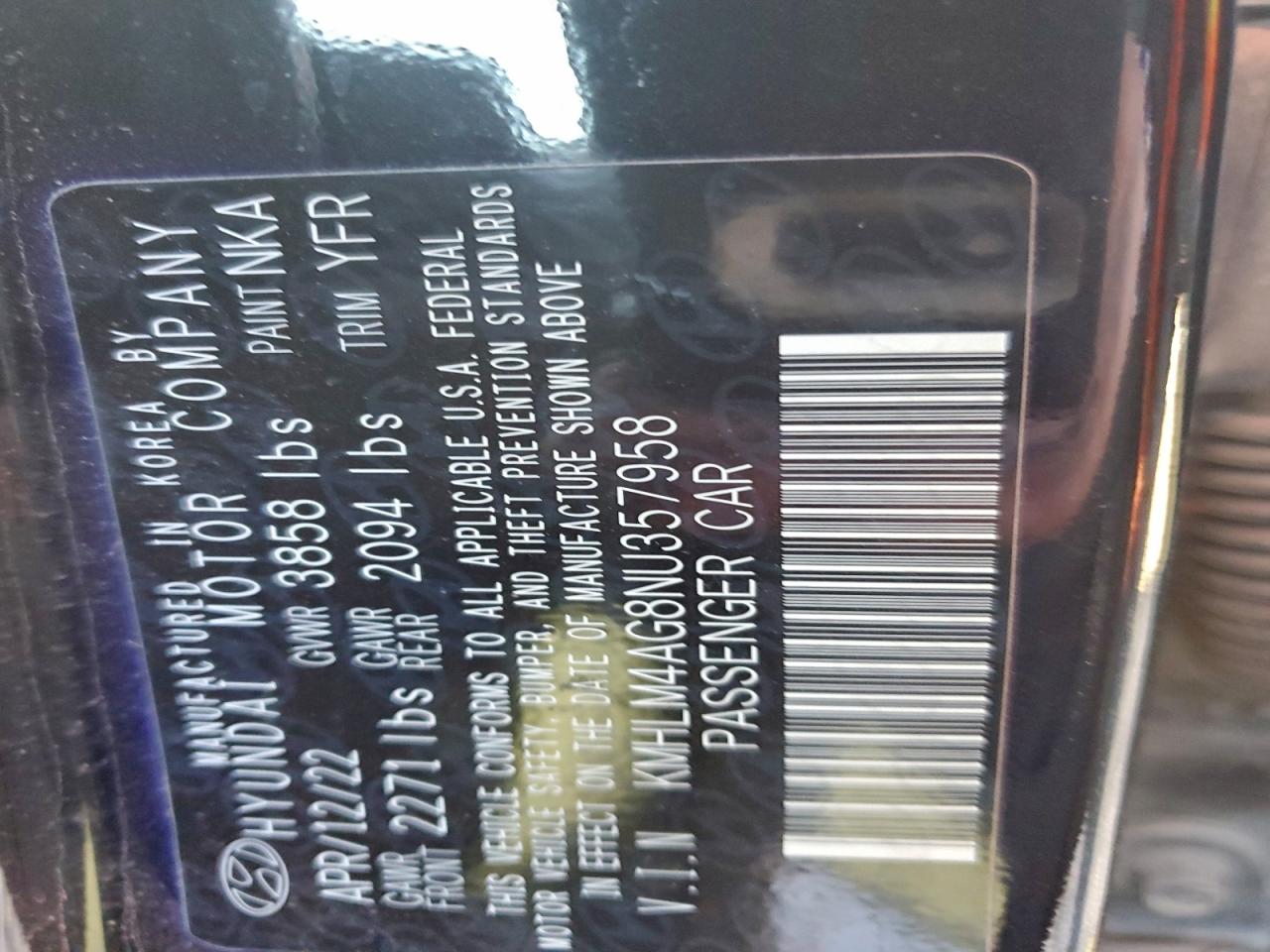 2022 Hyundai Elantra Sel VIN: KMHLM4AG8NU357958 Lot: 93518685