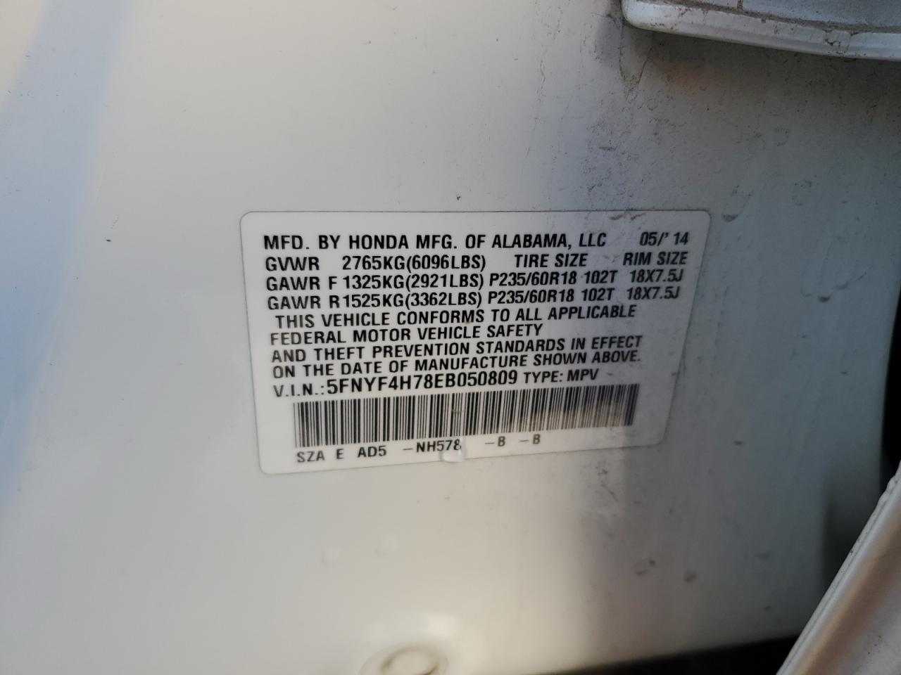 2014 Honda Pilot Exln VIN: 5FNYF4H78EB050809 Lot: 93081035