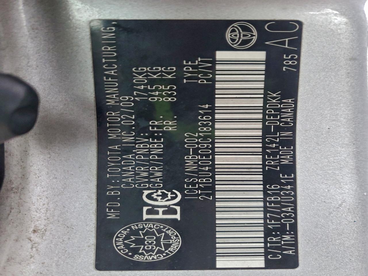 2009 Toyota Corolla Base VIN: 2T1BU40E09C183614 Lot: 94256015