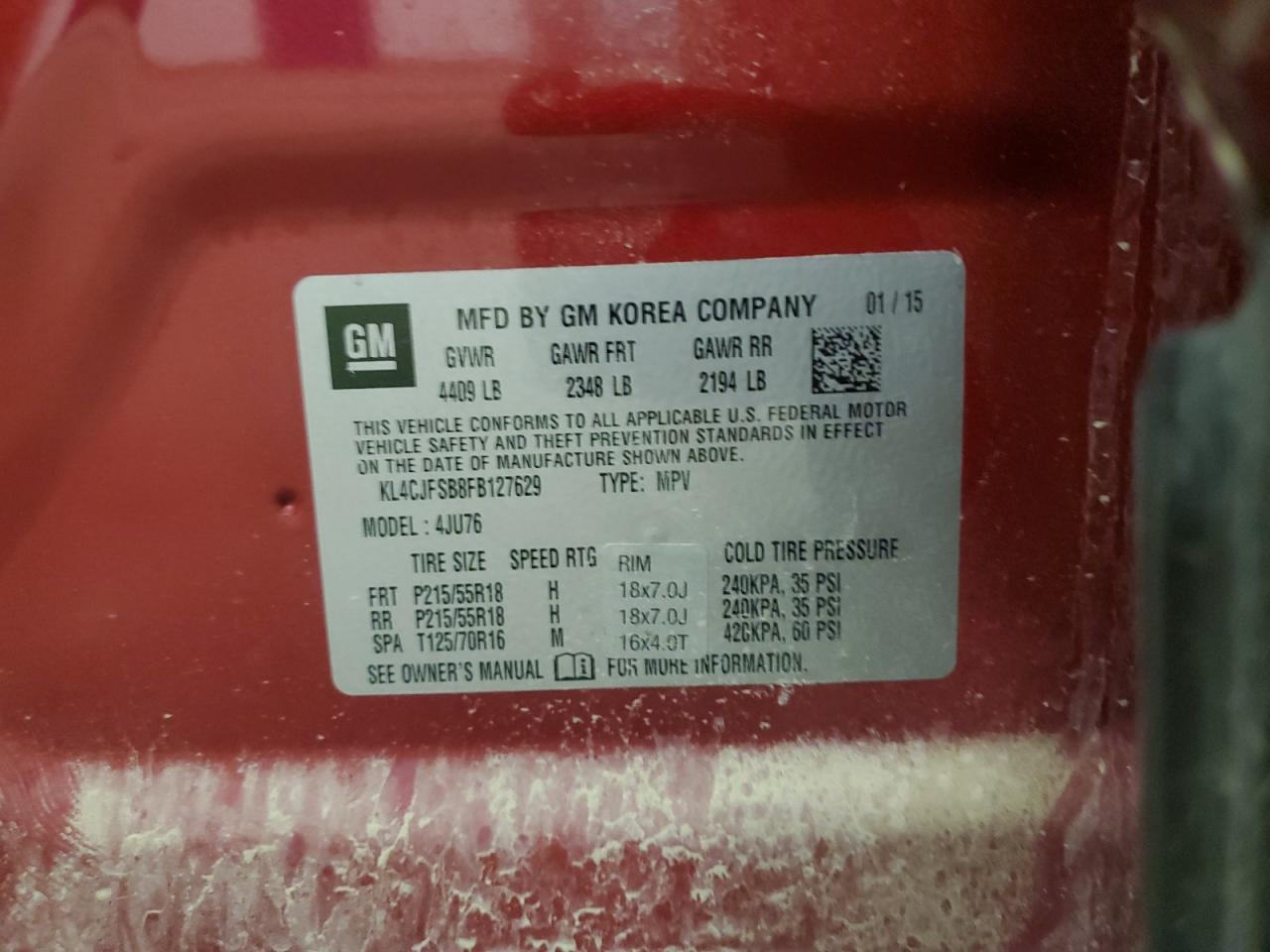 2015 Buick Encore Convenience VIN: KL4CJFSB8FB127629 Lot: 90816055