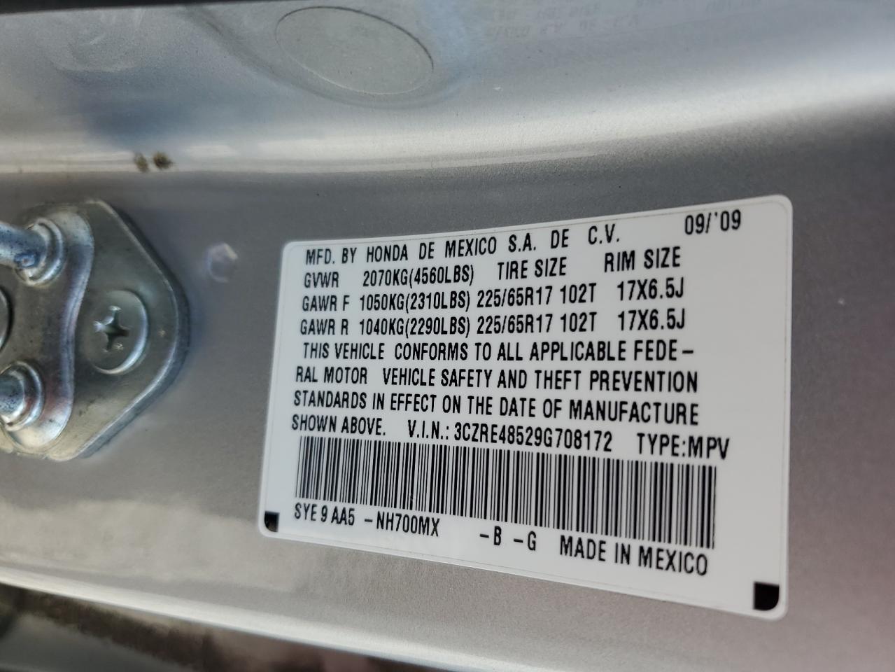 2009 Honda Cr-V Ex VIN: 3CZRE48529G708172 Lot: 93070675