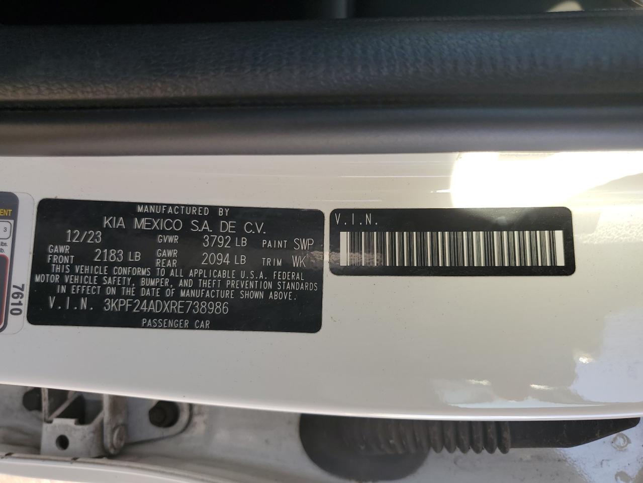 2024 Kia Forte Lx VIN: 3KPF24ADXRE738986 Lot: 82768365