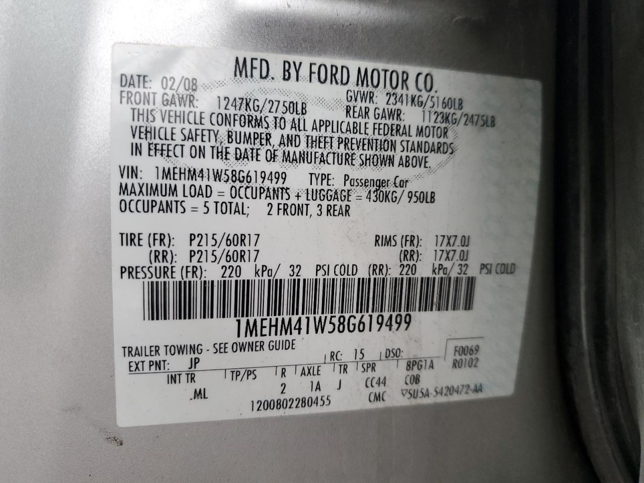 2008 Mercury Sable Luxury VIN: 1MEHM41W58G619499 Lot: 93217125