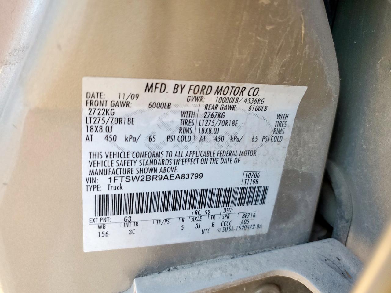 2010 Ford F250 Super Duty VIN: 1FTSW2BR9AEA83799 Lot: 91606865