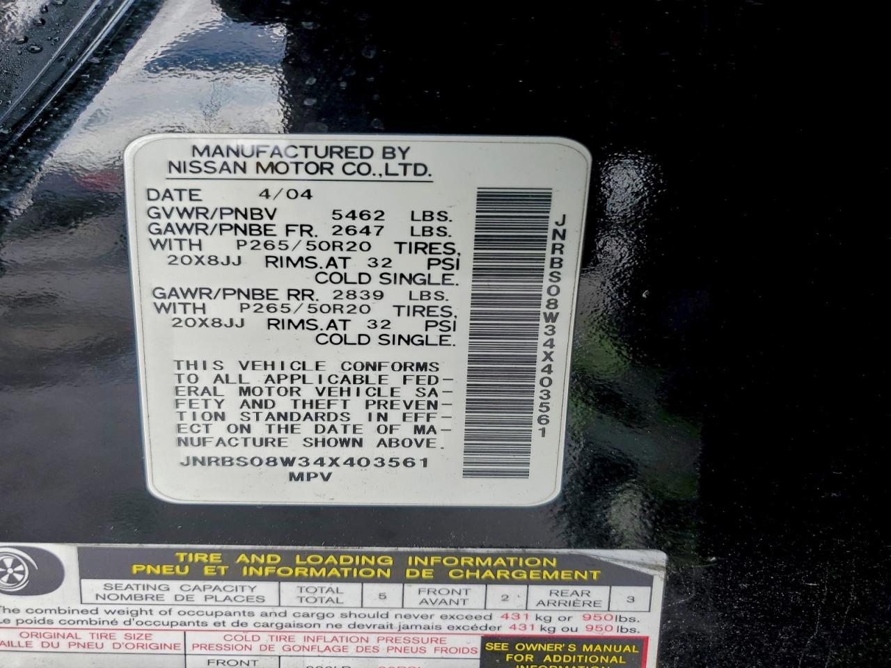 2004 Infiniti Fx45 VIN: JNRBS08W34X403561 Lot: 94135775