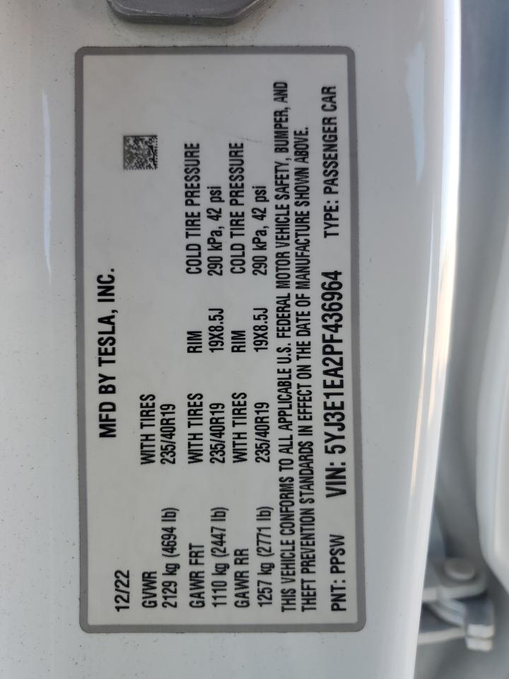 2023 Tesla Model 3 VIN: 5YJ3E1EA2PF436964 Lot: 90807575