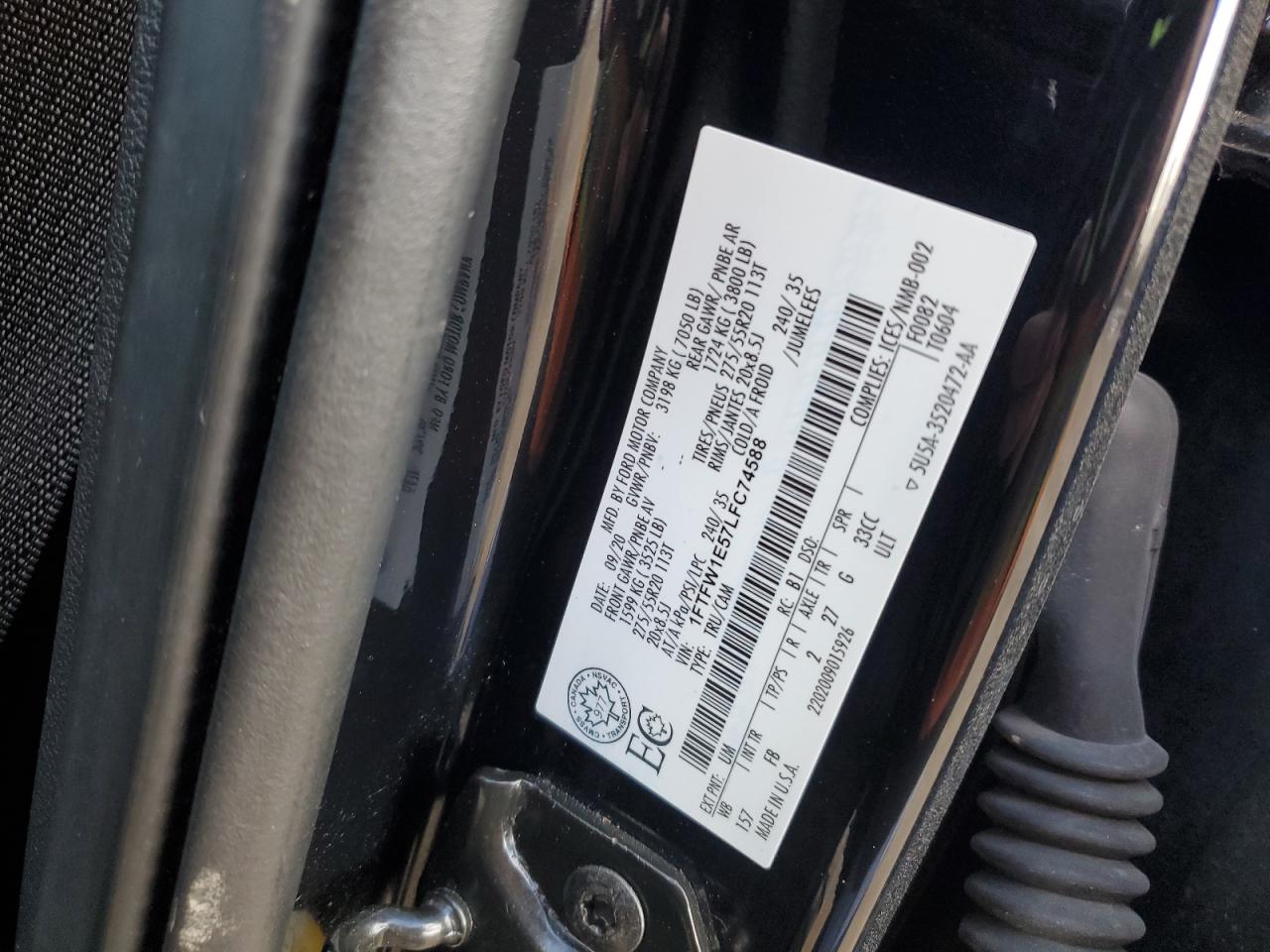 2020 Ford F150 Supercrew VIN: 1FTFW1E57LFC74588 Lot: 94089135