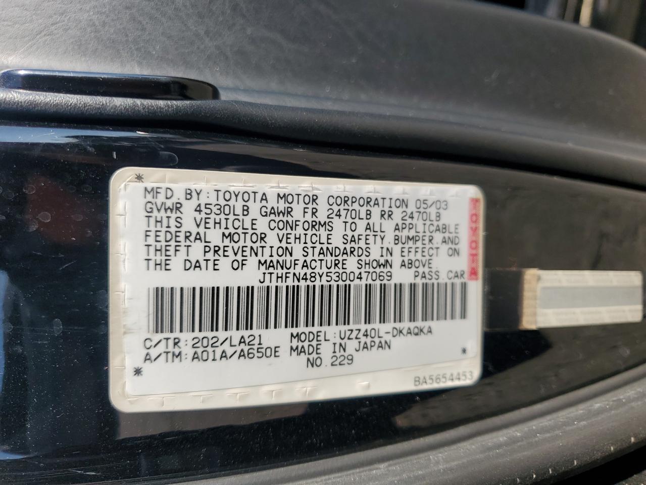 2003 Lexus Sc 430 VIN: JTHFN48Y530047069 Lot: 91433085