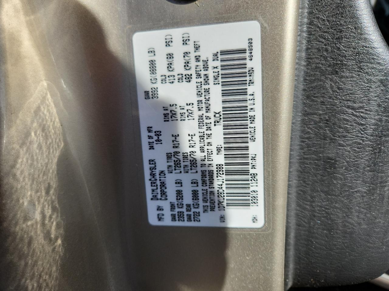 2004 Dodge Ram 2500 St VIN: 1D7KU28D44J172988 Lot: 92870225