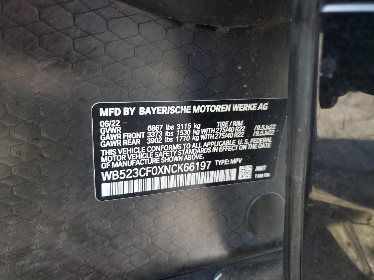 2022 BMW Ix xDrive50 VIN: WB523CF0XNCK66197 Lot: 93045405