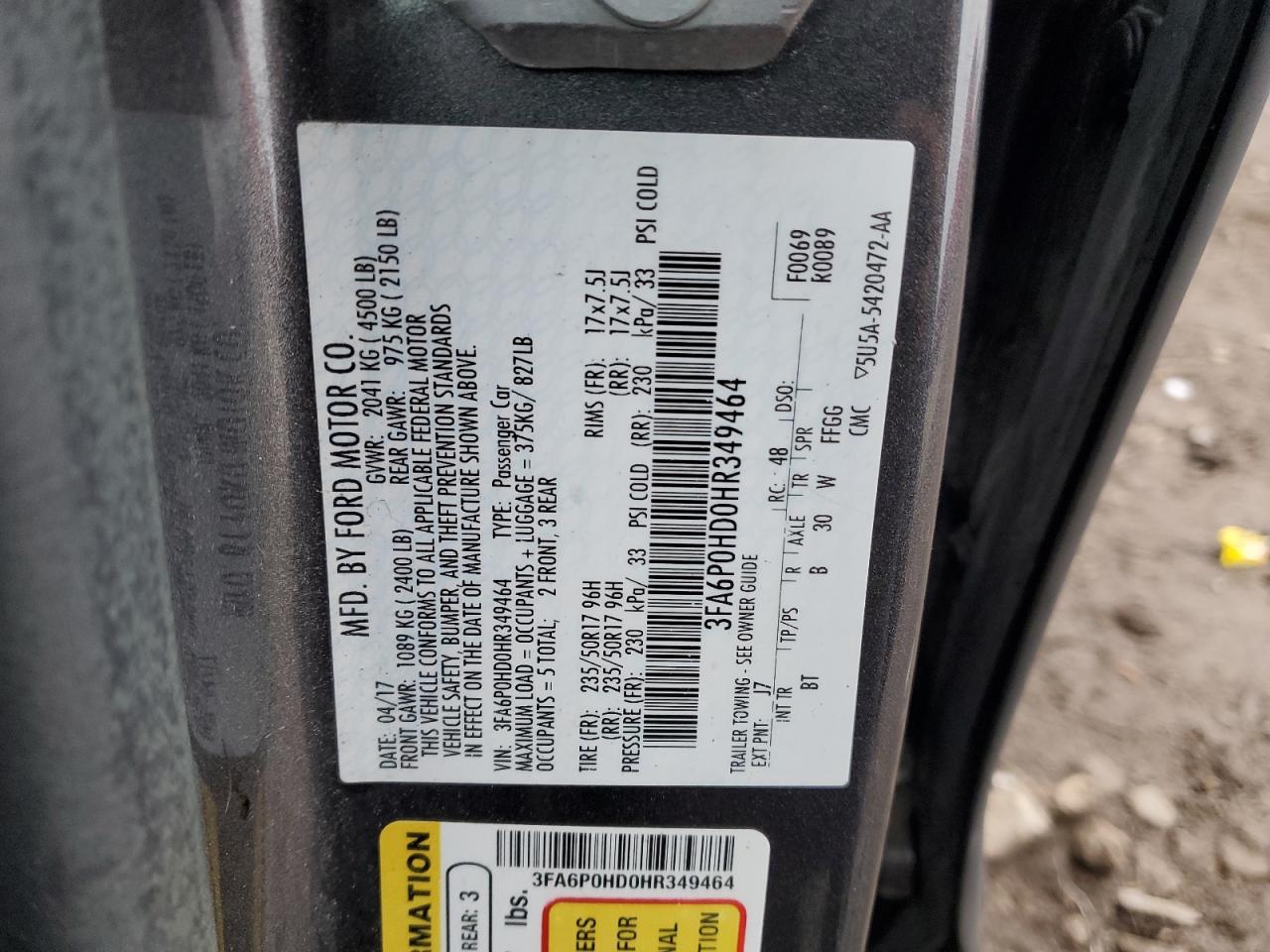 2017 Ford Fusion Se VIN: 3FA6P0HD0HR349464 Lot: 93189915