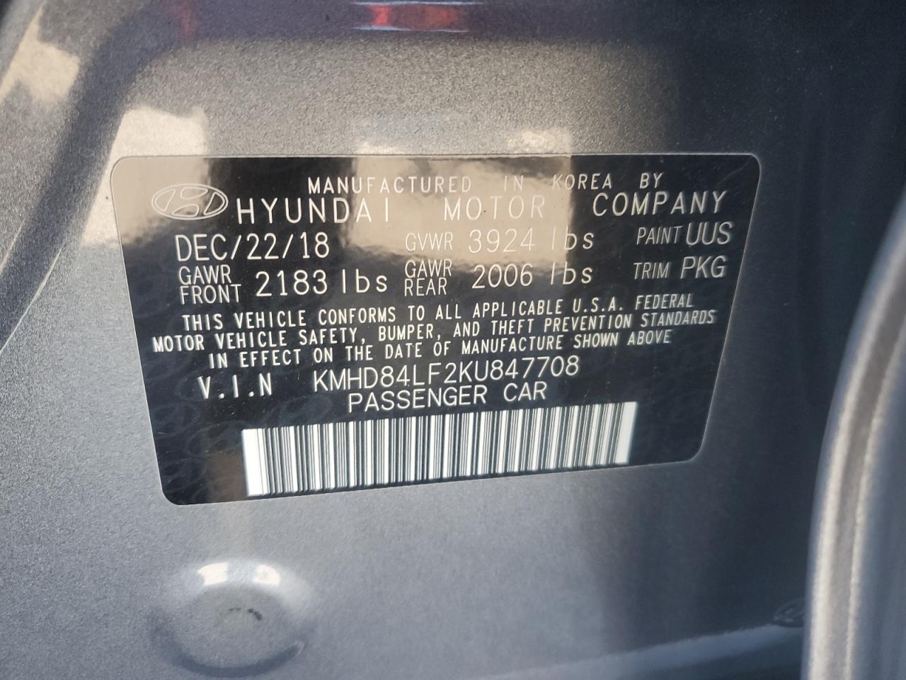 2019 Hyundai Elantra Sel VIN: KMHD84LF2KU847708 Lot: 91902985