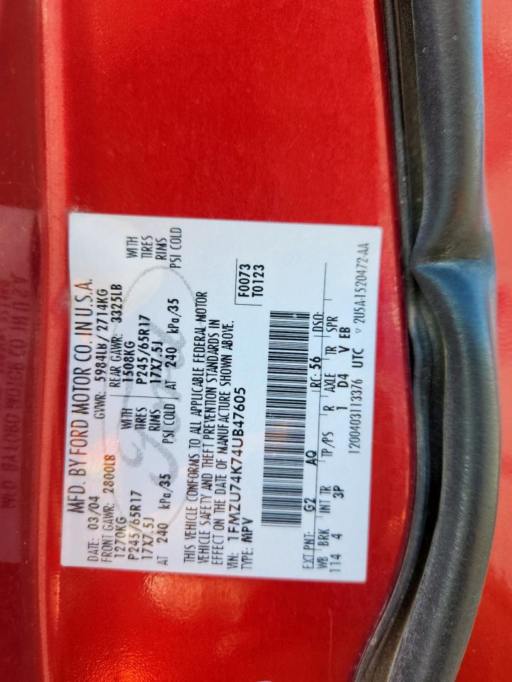 2004 Ford Explorer Eddie Bauer VIN: 1FMZU74K74UB47605 Lot: 92329605