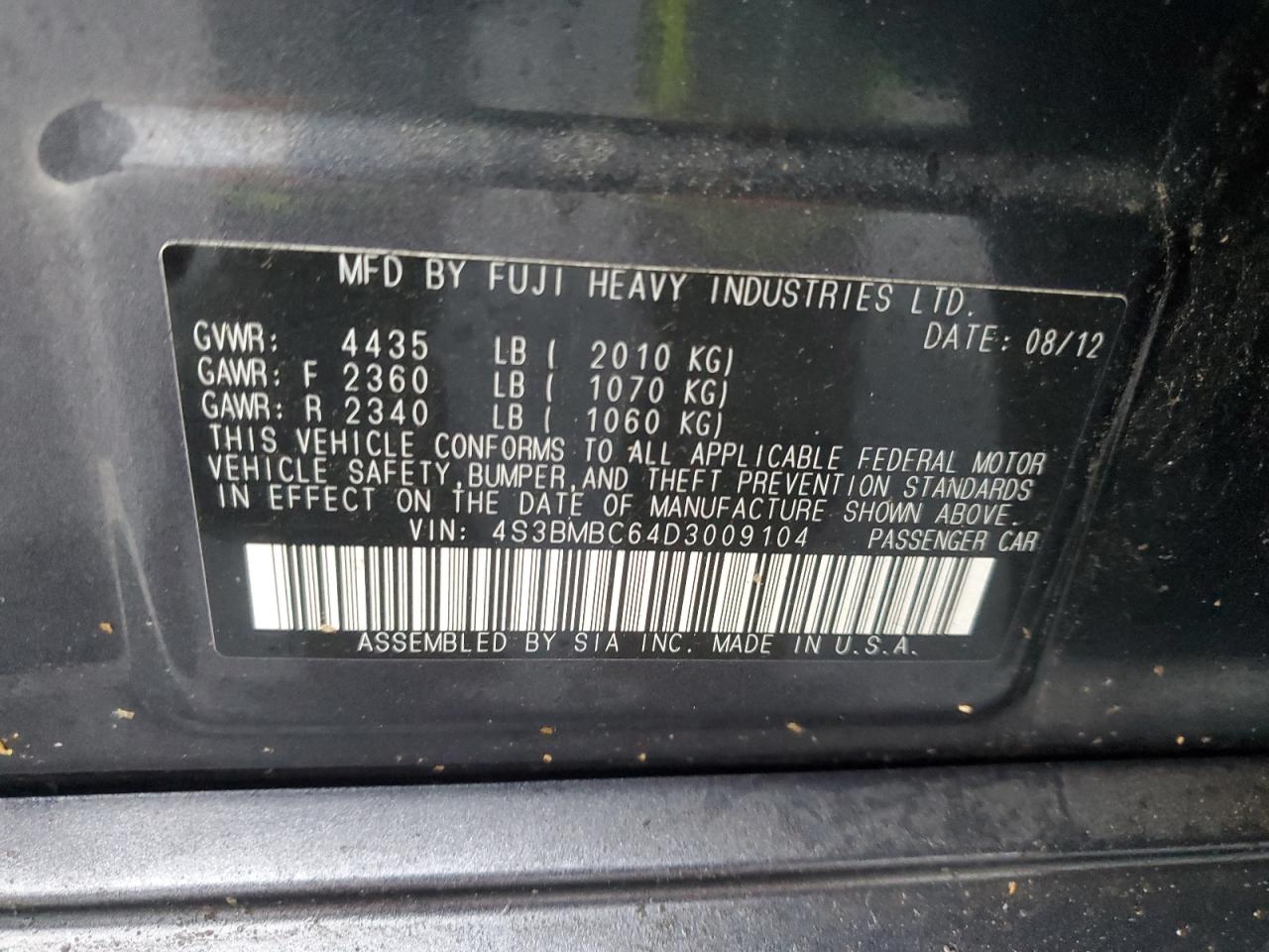 2013 Subaru Legacy 2.5I Premium VIN: 4S3BMBC64D3009104 Lot: 92133005