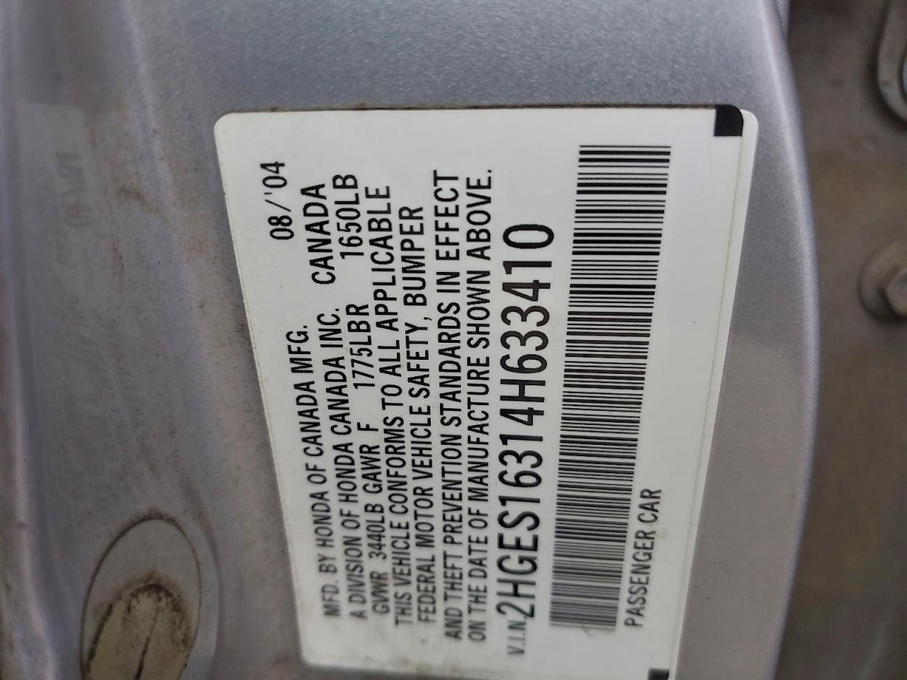 2003 Honda Civic Dx Vp VIN: 2HGES16314H633410 Lot: 94324425