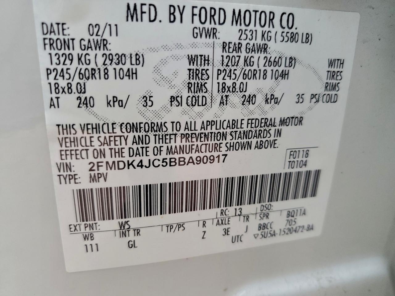 2011 Ford Edge Sel VIN: 2FMDK4JC5BBA90917 Lot: 92701085