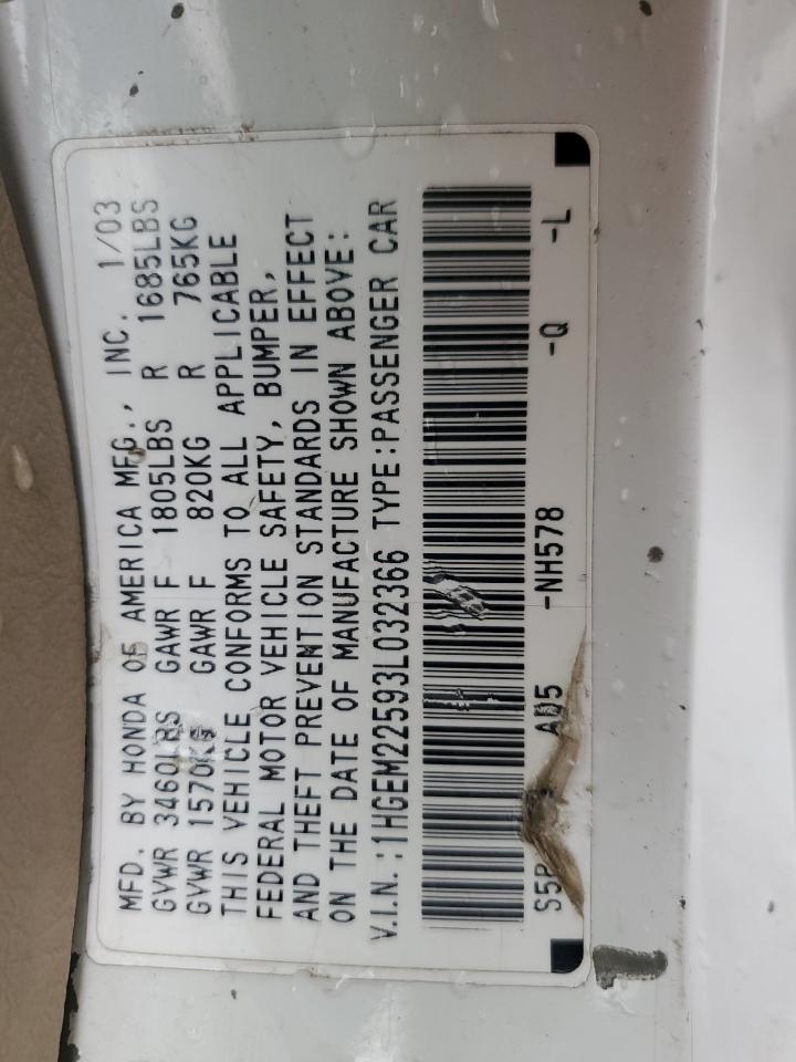 2003 Honda Civic Lx VIN: 1HGEM22593L032366 Lot: 92937715