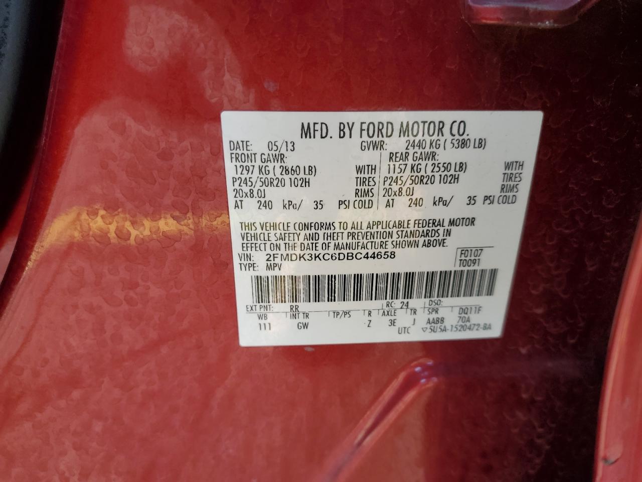 2013 Ford Edge Limited VIN: 2FMDK3KC6DBC44658 Lot: 93525515