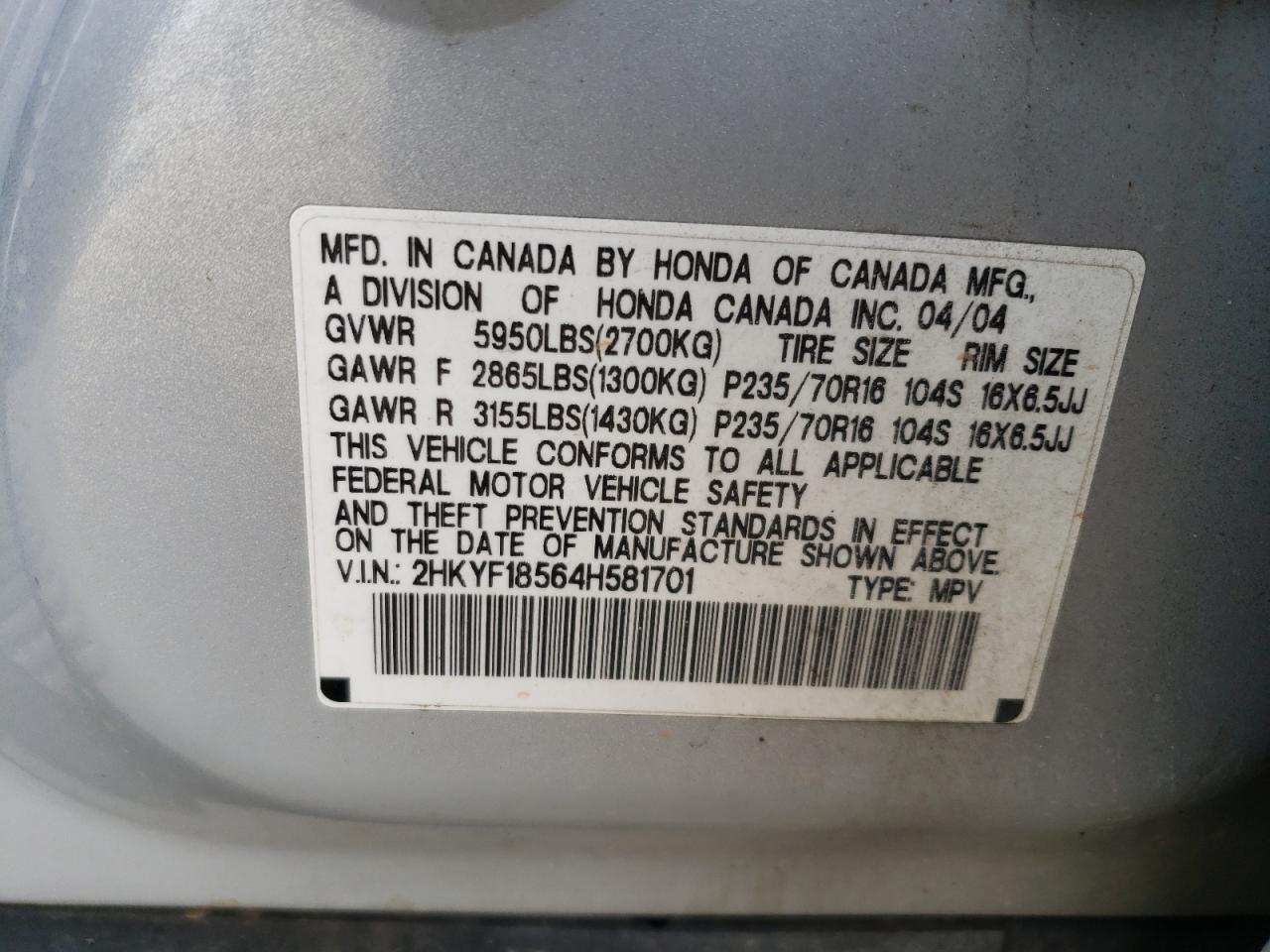 2004 Honda Pilot Exl VIN: 2HKYF18564H581701 Lot: 93373205