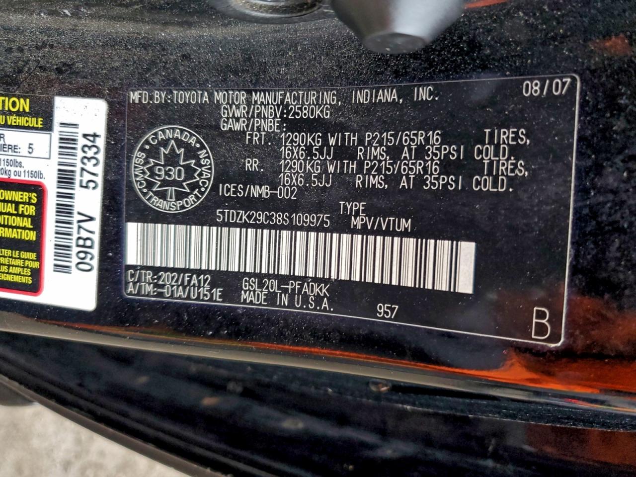 2008 Toyota Sienna Ce VIN: 5TDZK29C38S109975 Lot: 94345445