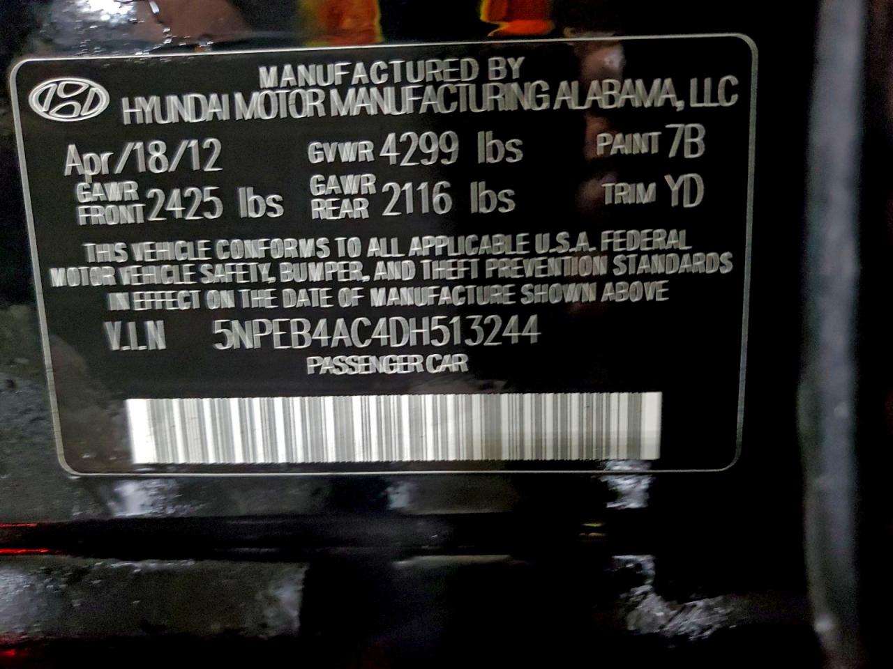 2013 Hyundai Sonata Gls VIN: 5NPEB4AC4DH513244 Lot: 93750515