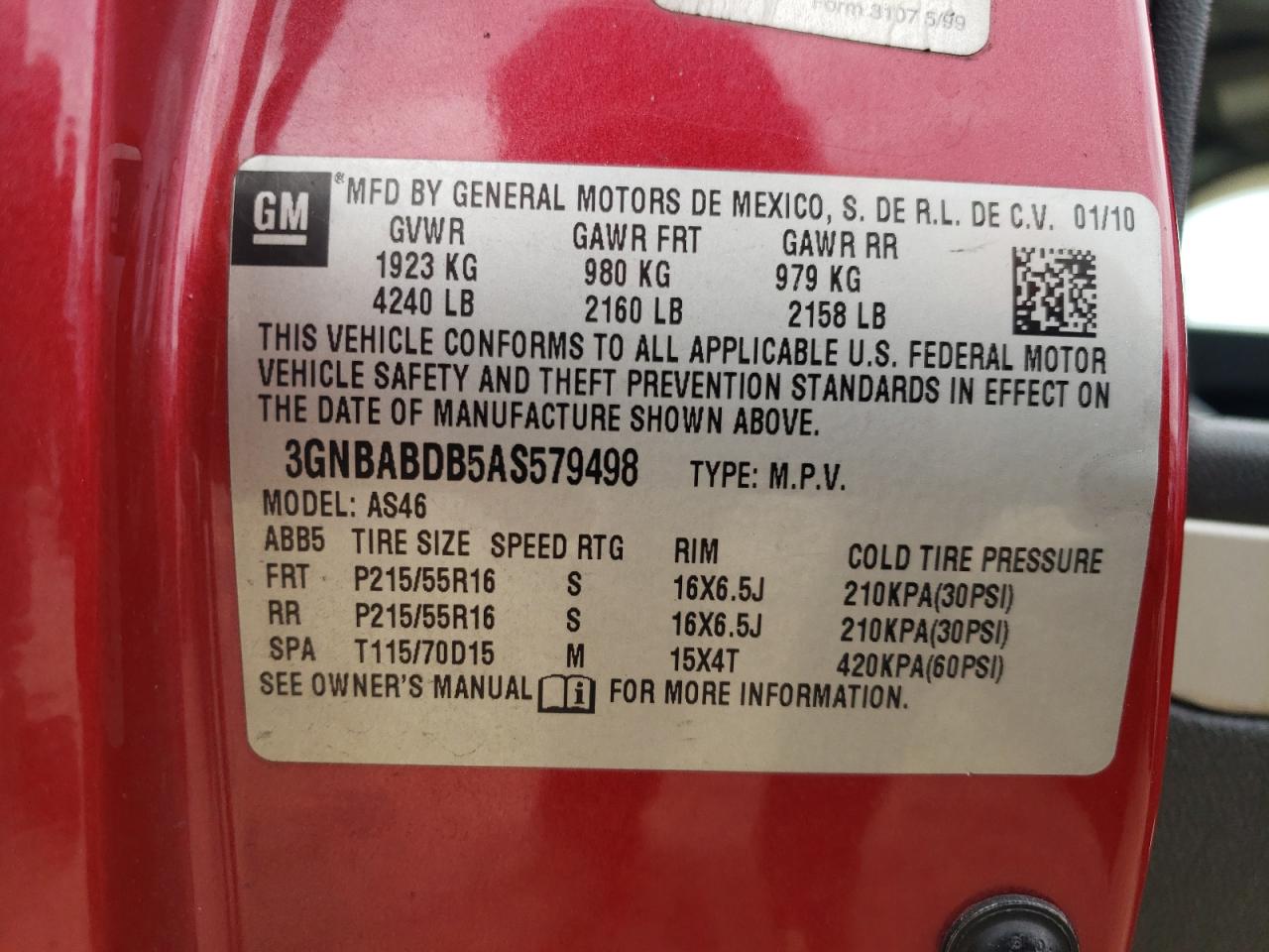 2010 Chevrolet Hhr Lt VIN: 3GNBABDB5AS579498 Lot: 93127925