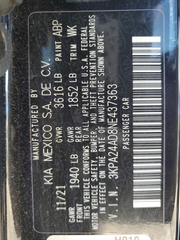 2022 Kia Rio Lx VIN: 3KPA24AD8NE437363 Lot: 91271585