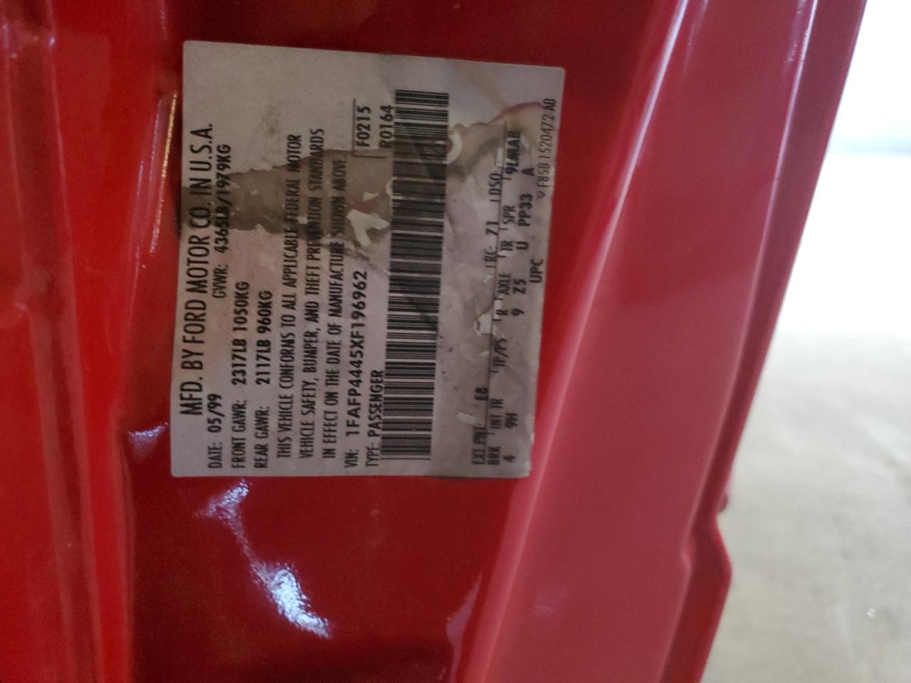 1999 Ford Mustang VIN: 1FAFP4445XF196962 Lot: 91707185