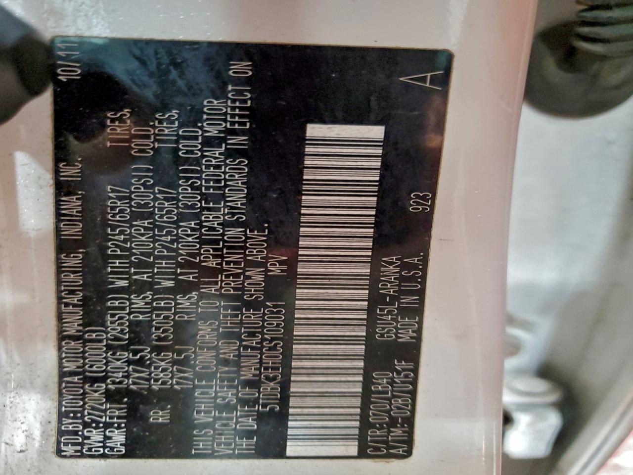 2012 Toyota Highlander Base VIN: 5TDBK3EH0CS109031 Lot: 93917765