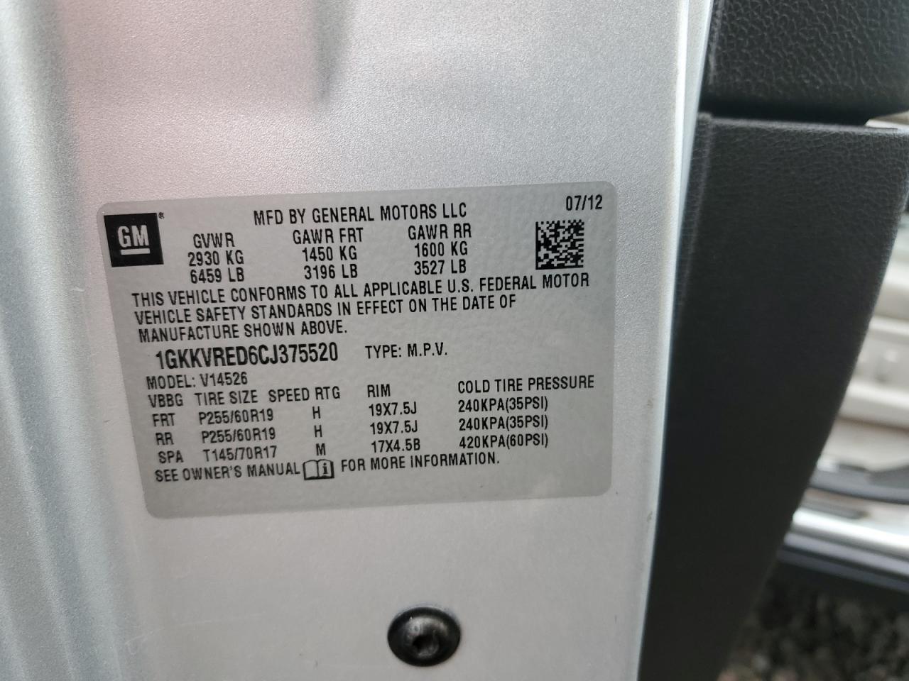 2012 GMC Acadia Slt-1 VIN: 1GKKVRED6CJ375520 Lot: 93248915