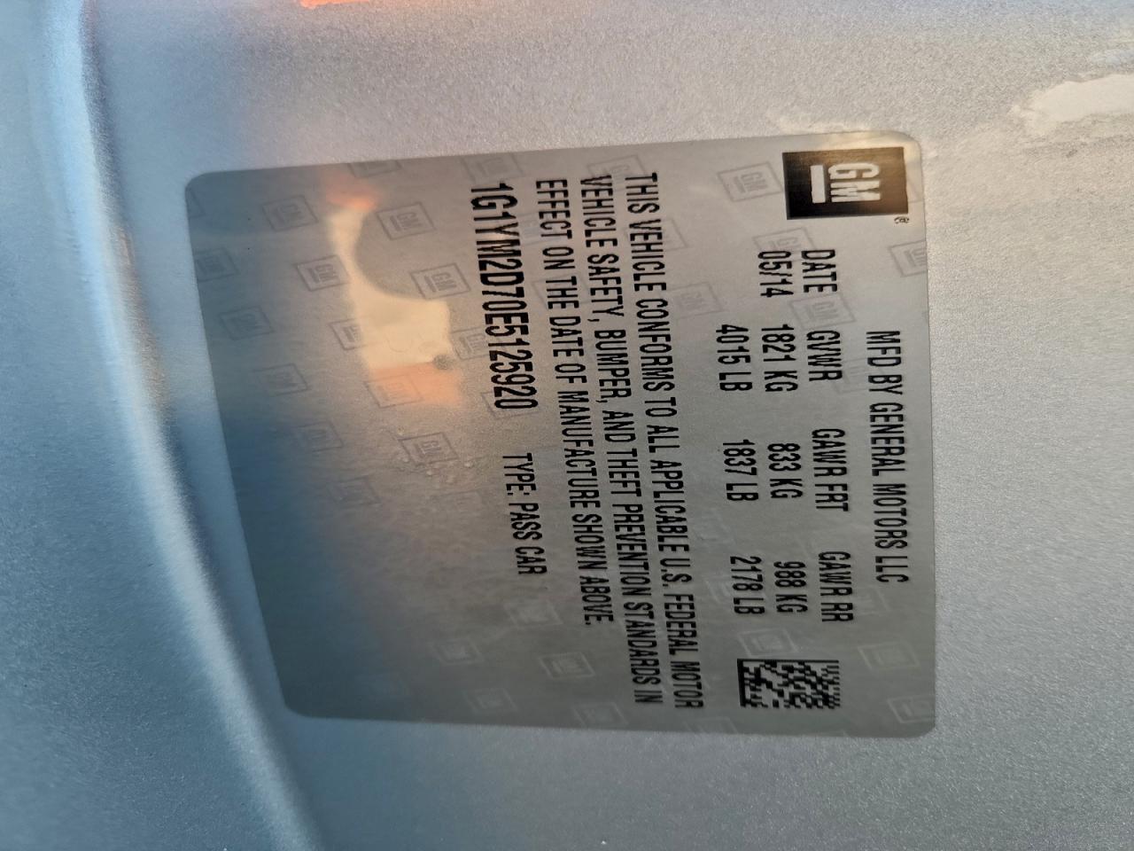 2014 Chevrolet Corvette Stingray Z51 3Lt VIN: 1G1YM2D70E5125920 Lot: 94083925