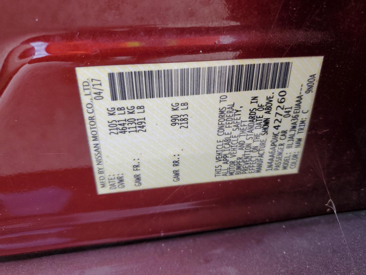 2017 Nissan Maxima 3.5S VIN: 1N4AA6AP0HC427260 Lot: 91641145