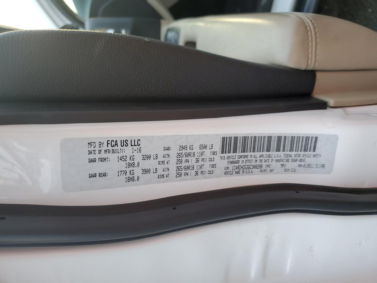 2016 Dodge Durango Limited VIN: 1C4RDHDG3GC308208 Lot: 91822165