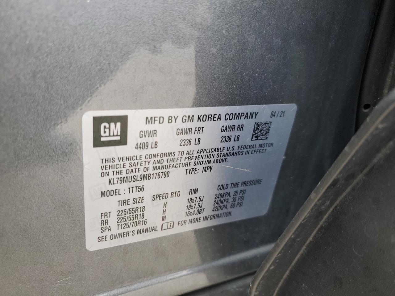 2021 Chevrolet Trailblazer Rs VIN: KL79MUSL9MB176790 Lot: 92053475