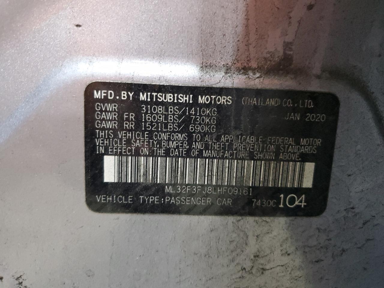 2020 Mitsubishi Mirage G4 Es VIN: ML32F3FJ8LHF09161 Lot: 91489925