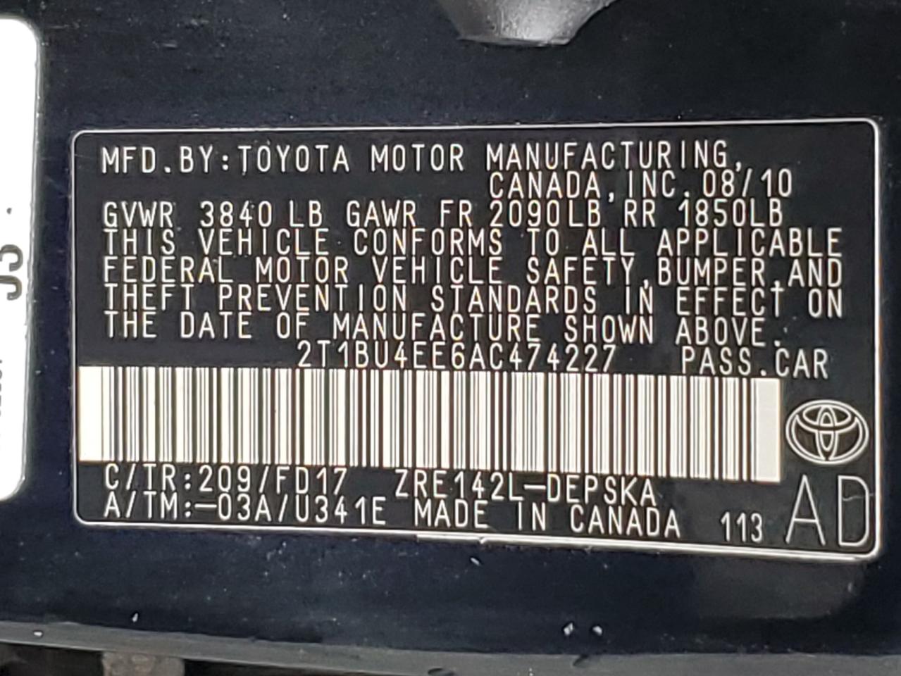 2010 Toyota Corolla Base VIN: 2T1BU4EE6AC474227 Lot: 93076925