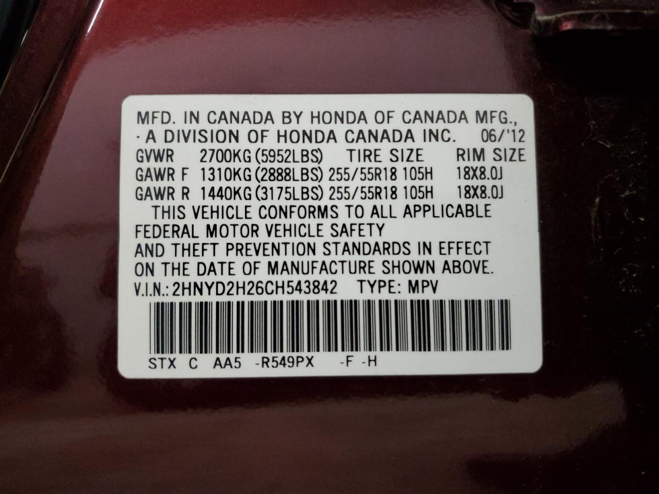 2012 Acura Mdx VIN: 2HNYD2H26CH543842 Lot: 91457105