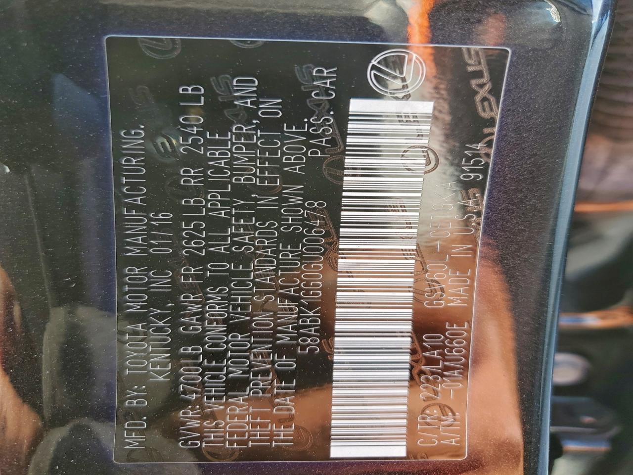 2016 Lexus Es 350 VIN: 58ABK1GG0GU006478 Lot: 94079775